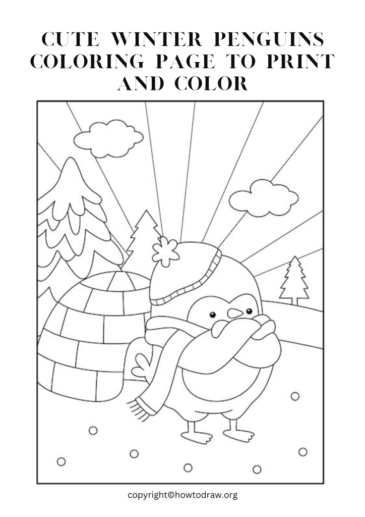 Cute Winter Penguins Coloring Page to Print and Color