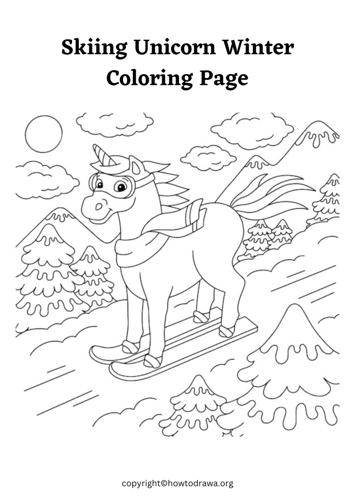 Free Skiing Unicorn Winter Coloring Sheets for Kids