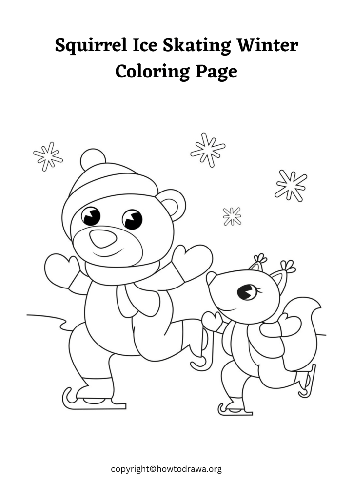 Free Squirrel Ice Skating Winter Coloring Sheets for Kids