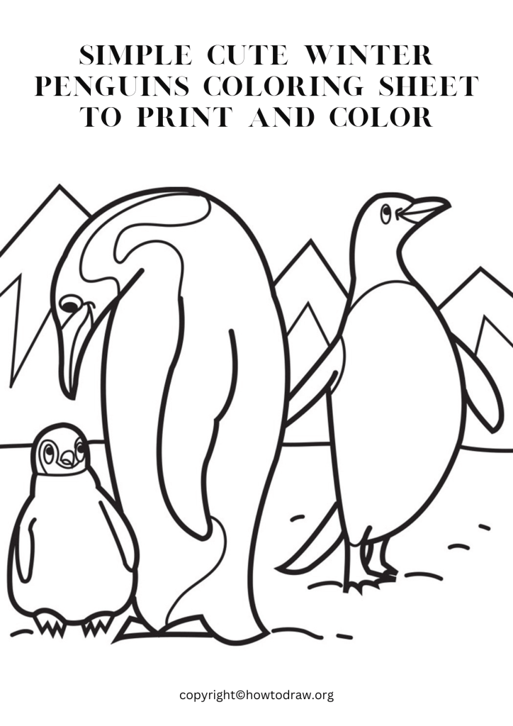 Simple Cute Winter Penguins Coloring Sheet to Print and Color