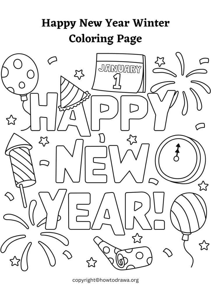 Simple Happy New Year Winter Coloring Sheet to Print and Color