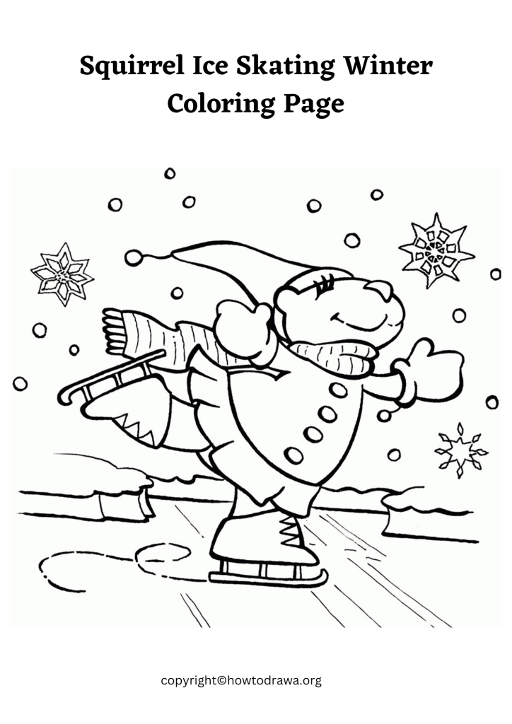 Simple Squirrel Ice Skating Winter Coloring Sheet to Print and Color