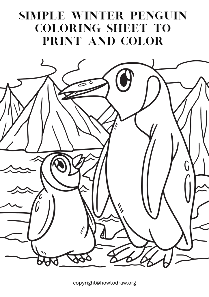 Simple Winter Penguin Coloring Sheet to Print and Color