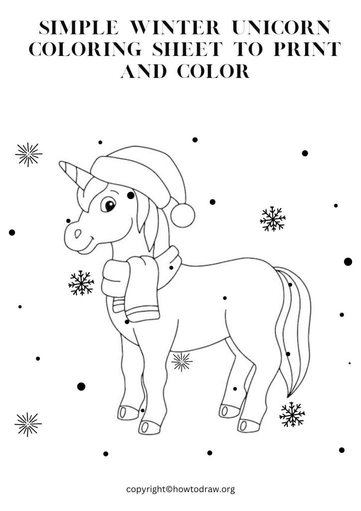 Simple Winter Unicorn Coloring Sheet to Print and Color