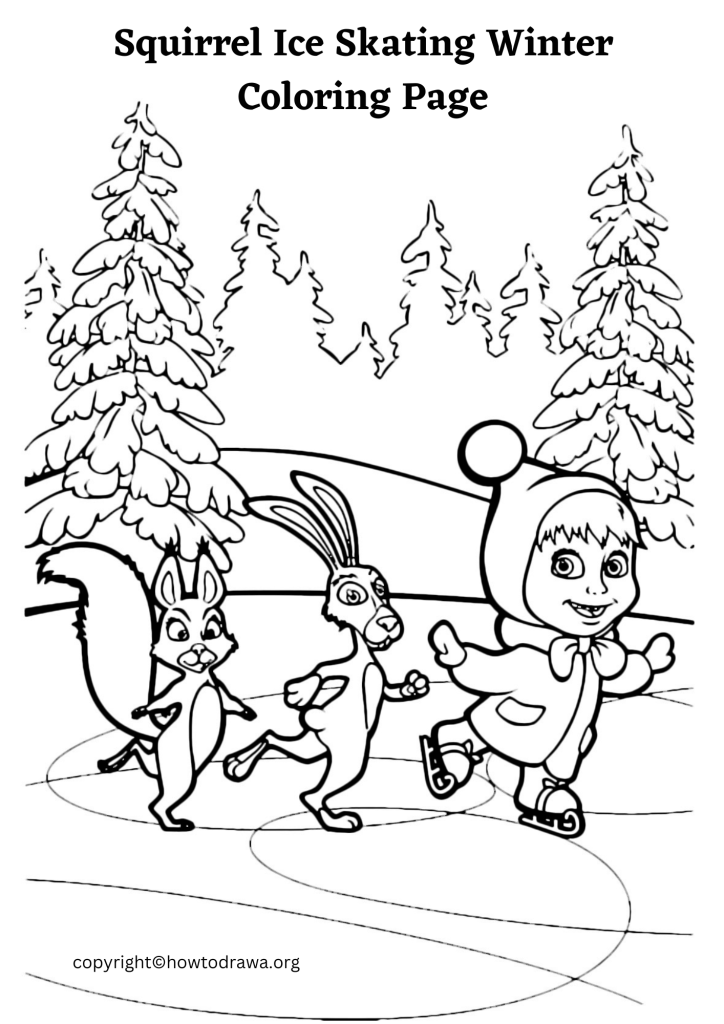 Squirrel Ice Skating Winter Coloring Page