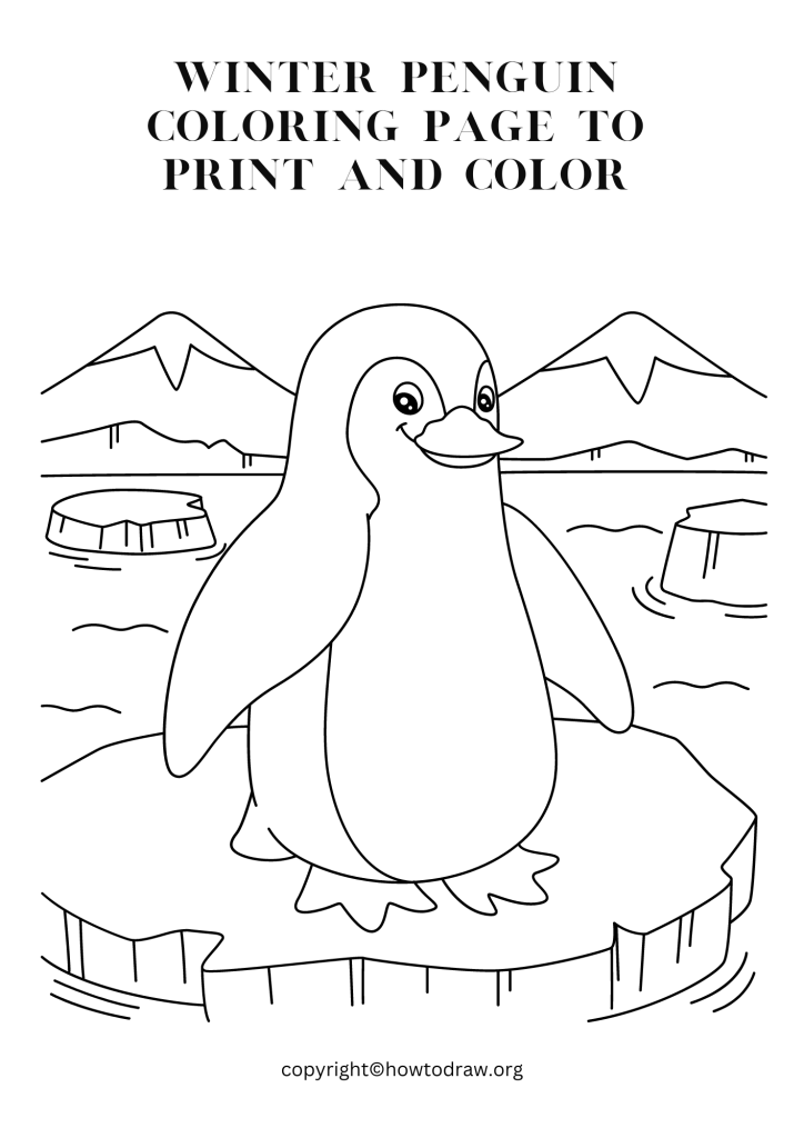 Winter Penguin Coloring Page to Print and Color