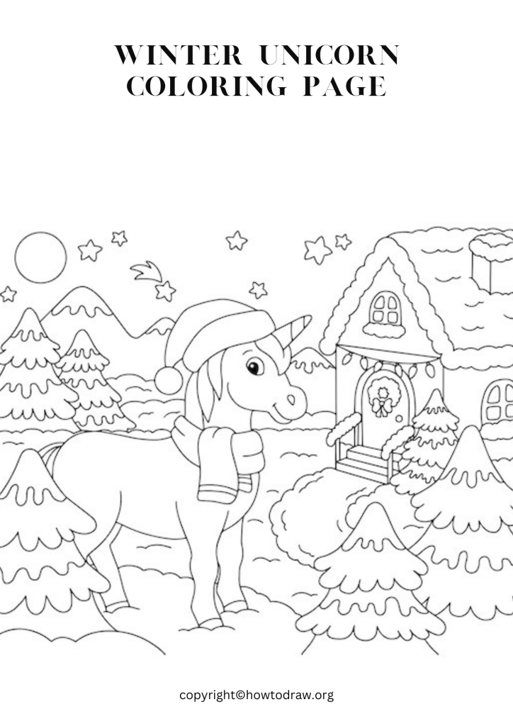 Winter Unicorn Coloring Page