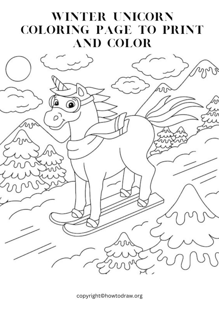 Winter Unicorn Coloring Page to Print and Color