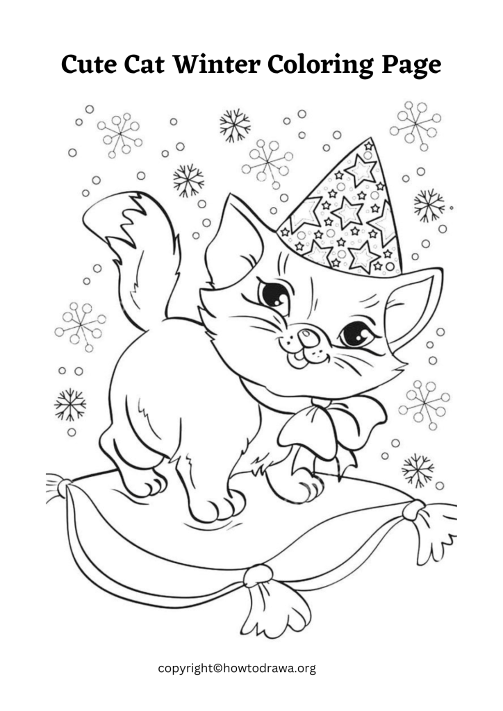 Cute Cat Winter Coloring Page to Print and Color