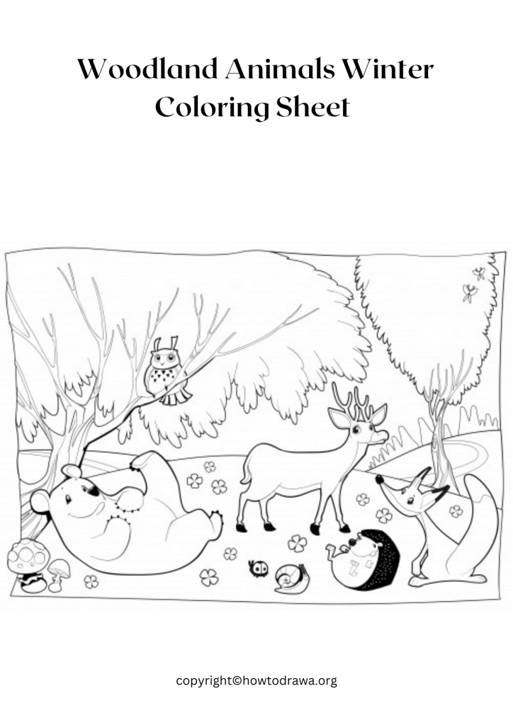 Woodland Animals Winter Coloring Page to Print and Color